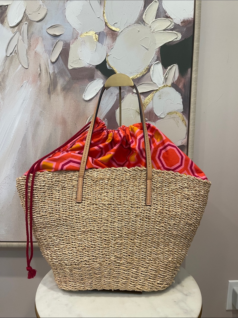 Tory Burch Straw Tote with Red and Pink Geometric Liner